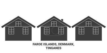 Téléchargez les illustrations : Danemark, Îles Féroé, Tinganes illustration vectorielle de ligne de voyage - en licence libre de droit