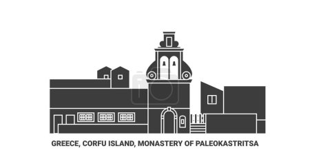 Ilustración de Grecia, Isla de Corfú, Monasterio de Paleokastritsa viaje hito línea vector ilustración - Imagen libre de derechos