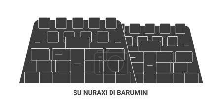 Ilustración de Italia, Su Nuraxi Di Barumini recorrido hito línea vector ilustración - Imagen libre de derechos