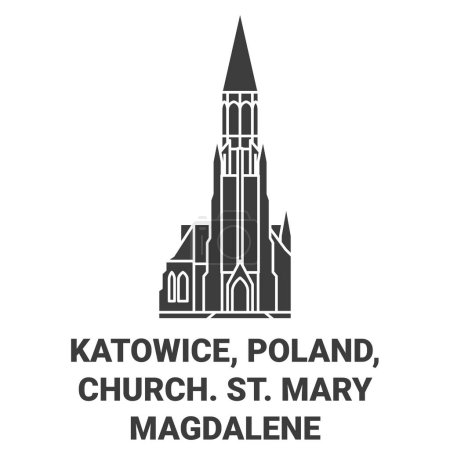Téléchargez les illustrations : Pologne, Katowice, Église. Illustration vectorielle de ligne de repère de voyage Sainte-Marie-Madeleine - en licence libre de droit
