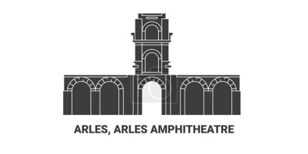 Téléchargez les illustrations : France, Arles, Amphithéâtre d'Arles, illustration vectorielle de ligne de repère de voyage - en licence libre de droit