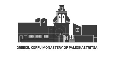 Illustrazione per Grecia, Korfu, Monastero di Paleokastritsa, viaggio linea di riferimento vettoriale illustrazione - Immagini Royalty Free