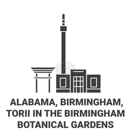 Téléchargez les illustrations : États-Unis, Alabama, Birmingham, Torii In The Birmingham Botanical Gardens travel landmark line vecector illustration - en licence libre de droit