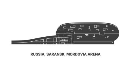 Téléchargez les illustrations : Russie, Saransk, Mordovia Arena, illustration vectorielle de ligne de repère de voyage - en licence libre de droit