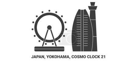 Téléchargez les illustrations : Japon, Yokohama, Horloge Cosmo, illustration vectorielle de ligne de repère de voyage - en licence libre de droit