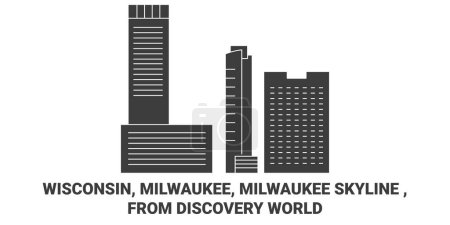 Téléchargez les illustrations : États-Unis, Wisconsin, Milwaukee, Milwaukee Skyline, Illustration vectorielle de ligne de voyage de Discovery World - en licence libre de droit
