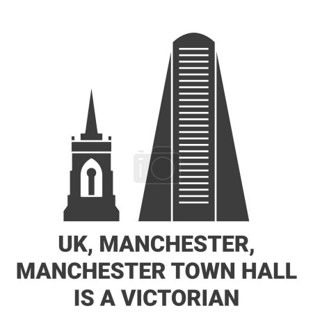 Téléchargez les illustrations : Angleterre, Manchester, Manchester Town Hall est une illustration vectorielle de ligne de voyage victorienne - en licence libre de droit