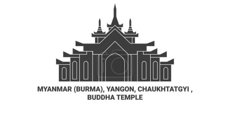 Téléchargez les illustrations : Myanmar Birmanie, Yangon, Chaukhtatgyi, Bouddha Temple Voyage illustration vectorielle ligne historique - en licence libre de droit