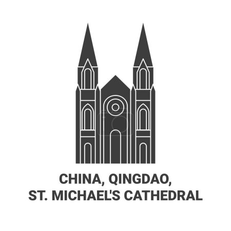 Téléchargez les illustrations : Chine, Qingdao, St. Michaels Cathédrale Voyage illustration vectorielle ligne historique - en licence libre de droit