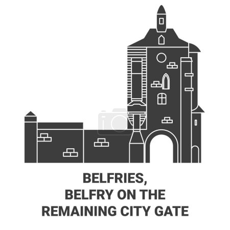 Illustration for Belguim, Belfries, Belfry On The Remaining City Gate travel landmark line vector illustration - Royalty Free Image