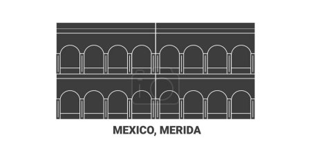 Téléchargez les illustrations : Mexique, Merida, illustration vectorielle de ligne de repère de voyage - en licence libre de droit