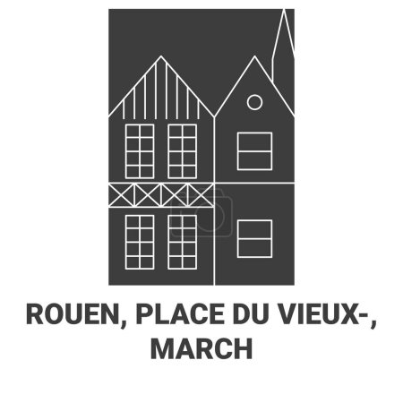 Ilustración de Francia, Rouen, Place Du Vieux, Ilustración de vector de línea de viaje de marzo - Imagen libre de derechos