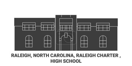 Téléchargez les illustrations : États-Unis, Raleigh, Caroline du Nord, Raleigh Charter, High School travel landmark line vecector illustration - en licence libre de droit
