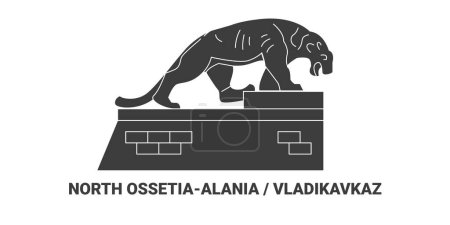 Téléchargez les illustrations : Russie, Ossétie du Nord Vladikavkaz voyages illustration vectorielle de ligne historique - en licence libre de droit