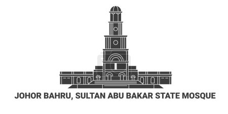 Téléchargez les illustrations : Malaisie, Johor Bahru, Mosquée nationale du sultan Abu Bakar, illustration vectorielle de ligne de repère de voyage - en licence libre de droit