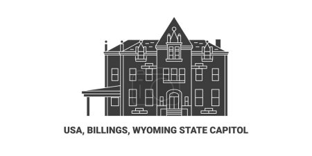 Téléchargez les illustrations : États-Unis, Billings, Wyoming State Capitol, illustration vectorielle de ligne de repère de voyage - en licence libre de droit