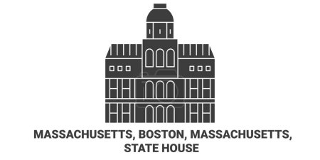 Téléchargez les illustrations : États-Unis, Massachusetts, Boston, Massachusetts, State House illustration vectorielle de ligne de voyage historique - en licence libre de droit