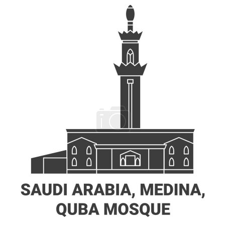 Téléchargez les illustrations : Arabie Saoudite, Médine, Mosquée de Quba illustration vectorielle de ligne de voyage historique - en licence libre de droit