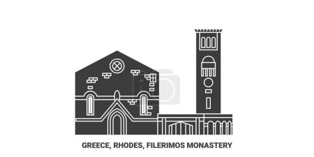 Téléchargez les illustrations : Grèce, Rhodes, Filerimos Illustration vectorielle de ligne de voyage du monastère - en licence libre de droit