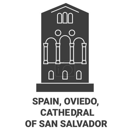 Téléchargez les illustrations : Espagne, Oviedo, Cathédrale de San Salvador illustration vectorielle de ligne de voyage - en licence libre de droit
