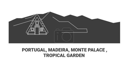 Téléchargez les illustrations : Portugal, Madère, Palais du Mont, Jardin tropical illustration vectorielle de ligne de voyage - en licence libre de droit