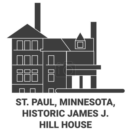 Téléchargez les illustrations : États-Unis, St. Paul, Minnesota, Illustration vectorielle de ligne historique de voyage de James J. Hill House - en licence libre de droit