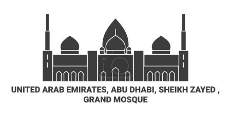 Téléchargez les illustrations : Émirats arabes unis, Abu Dhabi, Cheikh Zayed, Grande Mosquée illustration vectorielle de ligne de voyage - en licence libre de droit