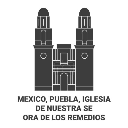 Illustration for Mexico, Puebla, Iglesia , De Nuestra Seora De Los Remedios travel landmark line vector illustration - Royalty Free Image
