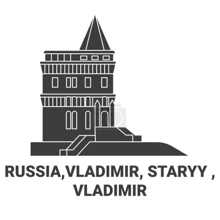 Téléchargez les illustrations : Russie, Vladimir, Staryy, Vladimir Voyage illustration vectorielle de ligne historique - en licence libre de droit