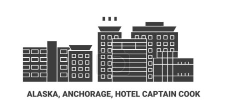 Téléchargez les illustrations : États-Unis, Alaska, Anchorage, Hotel Captain Cook, illustration vectorielle de ligne de repère de voyage - en licence libre de droit