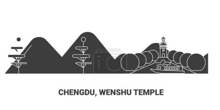 Ilustración de China, Chengdu, templo de Wenshu, ilustración del vector de línea de referencia de viaje - Imagen libre de derechos