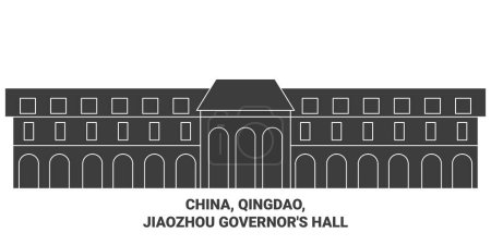 Téléchargez les illustrations : Chine, Qingdao, Jiaozhou Governors Hall illustration vectorielle de ligne de voyage historique - en licence libre de droit