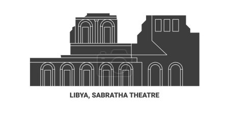 Téléchargez les illustrations : Libye, Théâtre Sabratha, illustration vectorielle de ligne de repère de voyage - en licence libre de droit