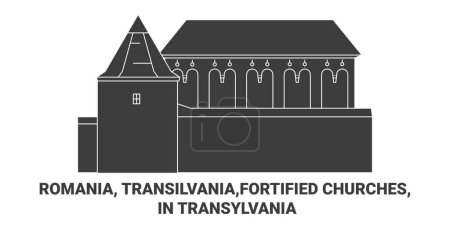 Ilustración de Rumania, Transilvania, Iglesias fortificadas, En Transilvania viaje hito línea vector ilustración - Imagen libre de derechos