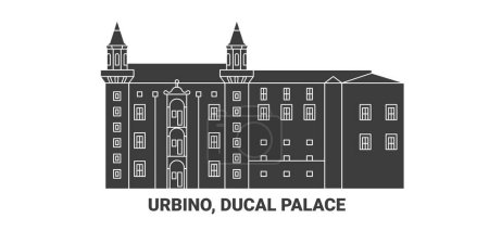 Ilustración de Italia, Urbino, Palacio Ducal, recorrido hito línea vector ilustración - Imagen libre de derechos