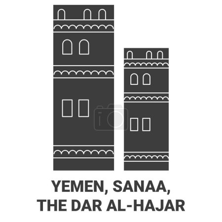 Illustration for Yemen, Sanaa, The Dar Alhajar travel landmark line vector illustration - Royalty Free Image