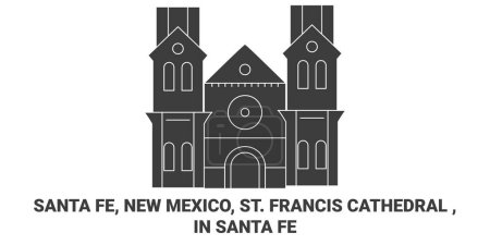 Téléchargez les illustrations : États-Unis, Santa Fe, Nouveau-Mexique, Cathédrale Saint-François, Illustration vectorielle de ligne de voyage Santa Fe - en licence libre de droit