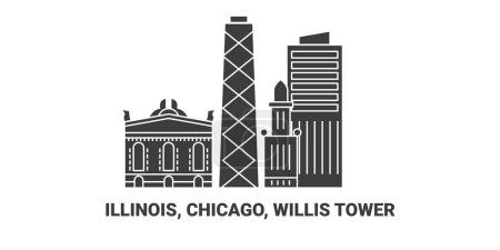 Téléchargez les illustrations : États-Unis, Illinois, Chicago, Willis Tower, illustration vectorielle de ligne de repère de voyage - en licence libre de droit