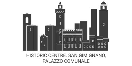 Ilustración de Italia, San Gimignano, Palazzo Comunale recorrido hito línea vector ilustración - Imagen libre de derechos