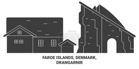 Téléchargez les illustrations : Danemark, Îles Féroé, Drangarnir illustration vectorielle de ligne de voyage - en licence libre de droit