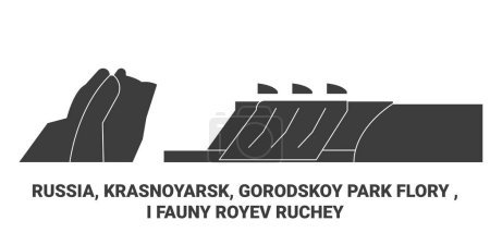 Ilustración de Rusia, Krasnoyarsk, Gorodskoy Park Flory, I Fauny Royev Ruchey recorrido hito línea vector ilustración - Imagen libre de derechos