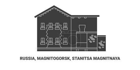 Téléchargez les illustrations : Russie, Magnitogorsk, Stanitsa Magnitnaya, illustration vectorielle de ligne de repère de voyage - en licence libre de droit
