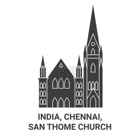 Ilustración de India, Chennai, San Thome Iglesia viaje hito línea vector ilustración - Imagen libre de derechos