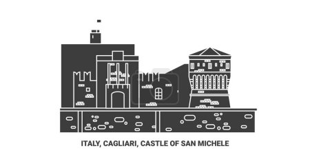 Téléchargez les illustrations : Italie, Cagliari, Château de San Michele voyages illustration vectorielle ligne historique - en licence libre de droit