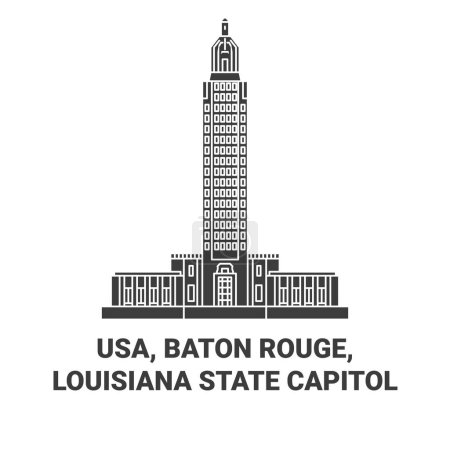 Téléchargez les illustrations : États-Unis, Baton Rouge, Louisiane State Capitol travel landmark line vecector illustration - en licence libre de droit