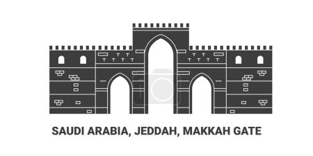 Téléchargez les illustrations : Arabie Saoudite, Jeddah, Makkah Gate, illustration vectorielle de ligne de repère de voyage - en licence libre de droit