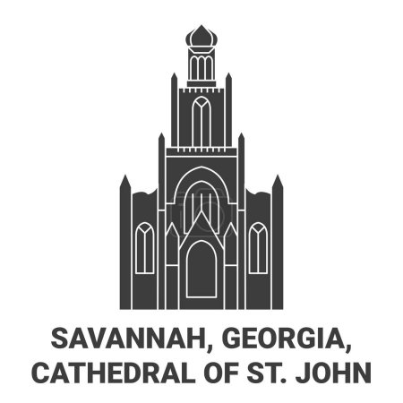 Téléchargez les illustrations : États-Unis, Savannah, Géorgie, Cathédrale de St. John illustration vectorielle de ligne de voyage - en licence libre de droit