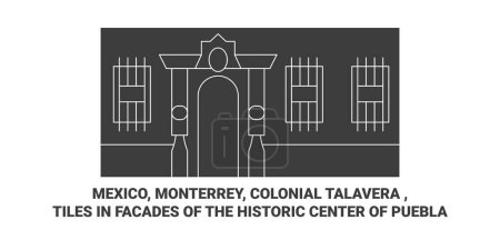 Ilustración de México, Monterrey, Colonial Talavera, Azulejos en fachadas del centro histórico de Puebla recorrido hito línea vector ilustración - Imagen libre de derechos
