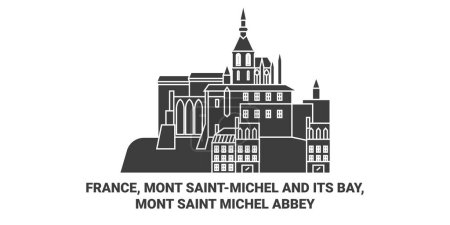 Téléchargez les illustrations : France, Mont Saintmichel et sa baie, Abbaye du Mont Saint Michel illustration vectorielle de ligne de voyage - en licence libre de droit