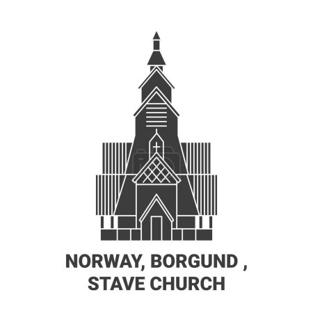 Ilustración de Noruega, Borgund, Stave Iglesia viaje hito línea vector ilustración - Imagen libre de derechos